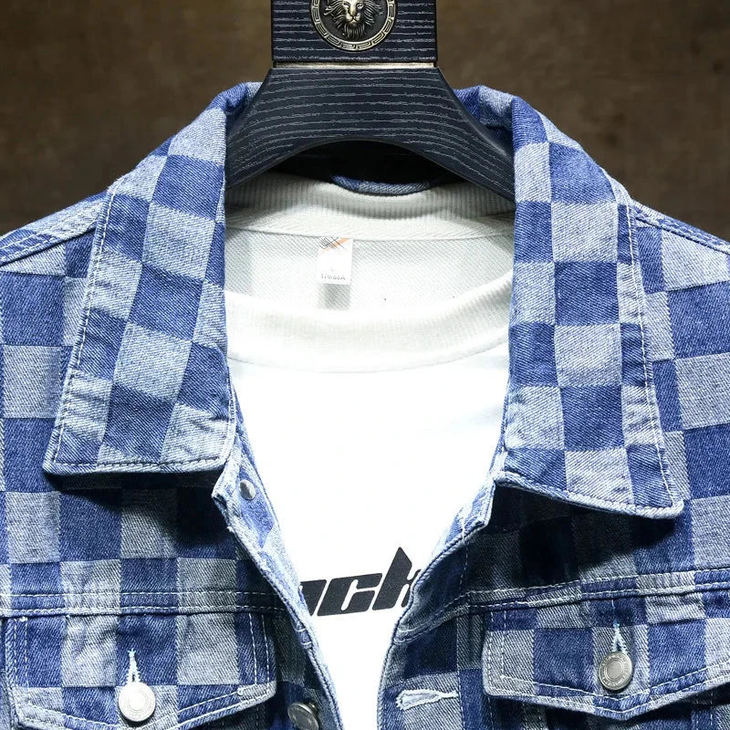Men's Denim Jacket Blue Button Plaid Male Jean Coats Cheap Price Stylish One Piece Vintage Trendy Casual Original Korea Lxury exovai.com