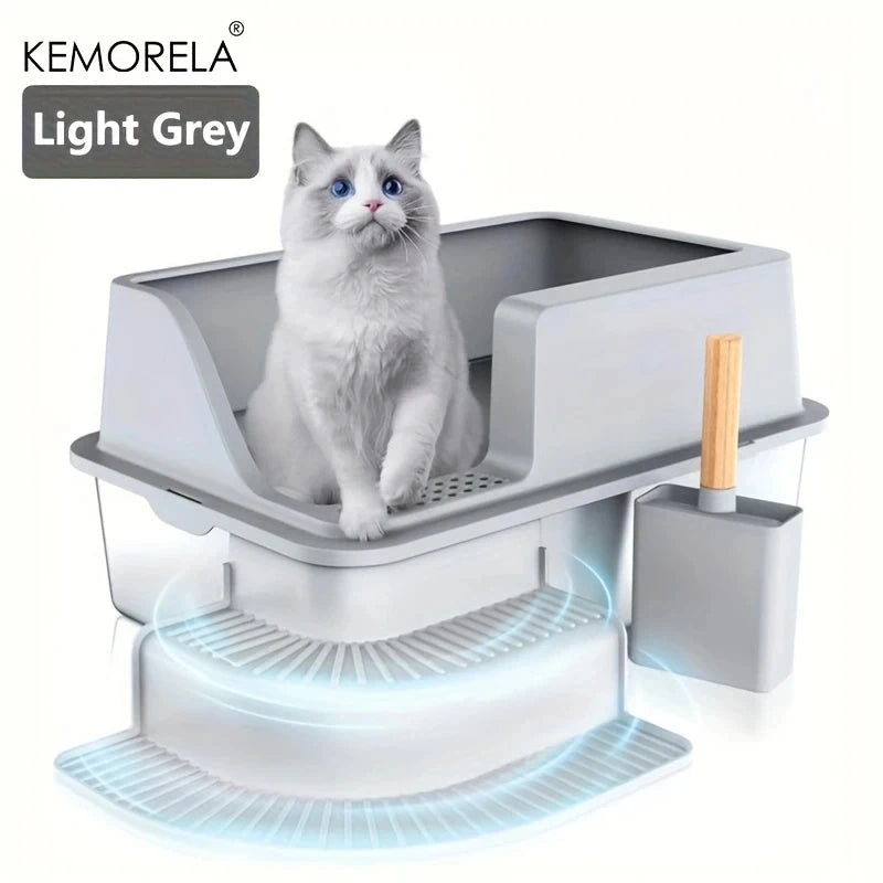 Extra Large 20L Stainless Steel Cat Litter Box With Stair Foot Pad Splash-Proof Easy To Clean Odorless Toilet Cat Litter Box exovai.com