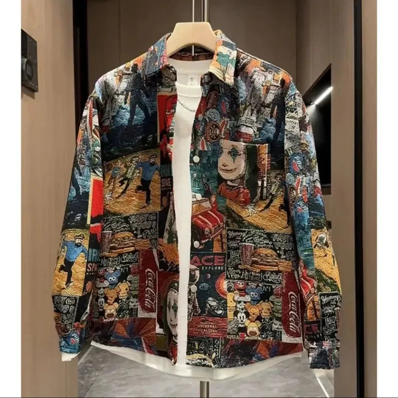 Men's Spring Autumn Fashion Casual Shirt New Style Painted Halo Ethnic Print High-end Loose Versatile Casual Jacket exovai.com