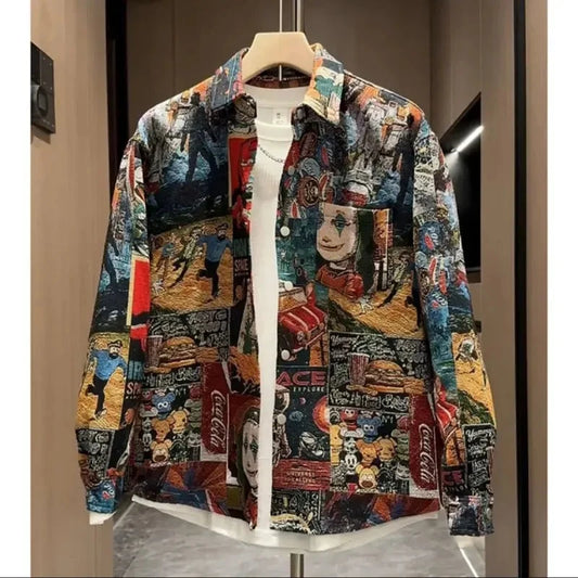 Men's Spring Autumn Fashion Casual Shirt New Style Painted Halo Ethnic Print High-end Loose Versatile Casual Jacket exovai.com