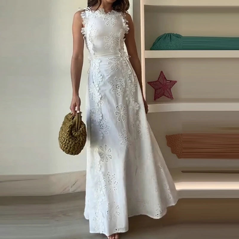 Summer Lace Jacquard Women's Banquet Dress Elegant O Neck Sleeveless Lace Up Beach Dress Fashion Hollow Out Slim Fit Long Dress exovai.com