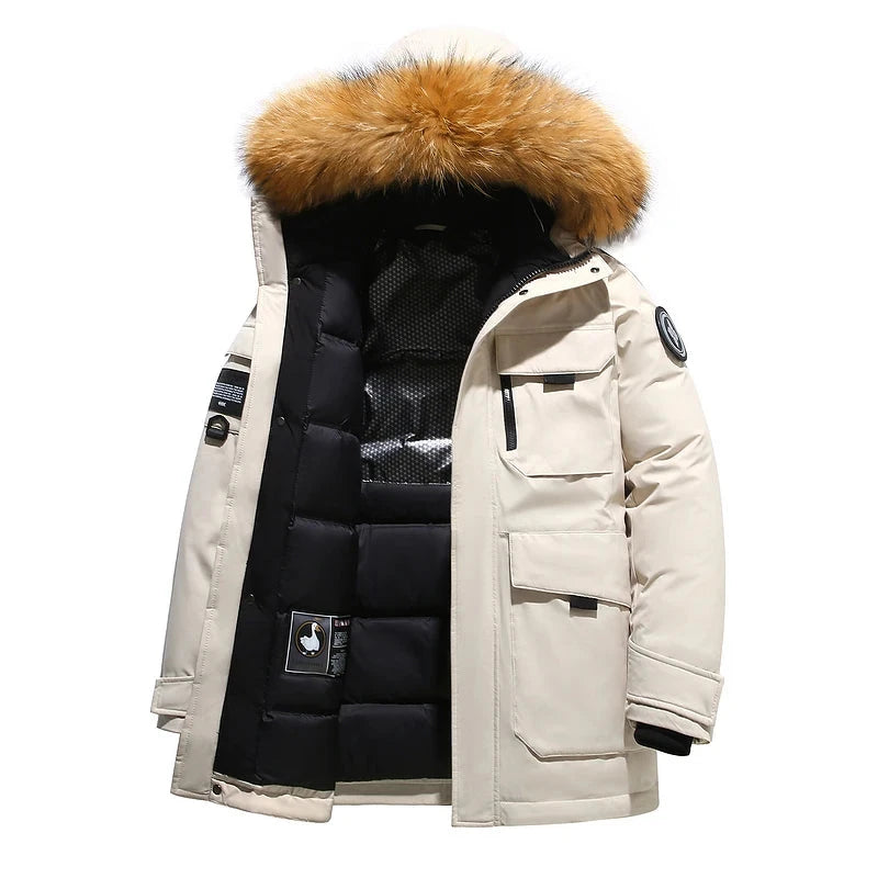 Black Down Jacket 2024 Winter Lined White Duck Down Hooded Fur Collar Jacket Casual Fashion Thick Warm Embroidered Design Parka exovai.com