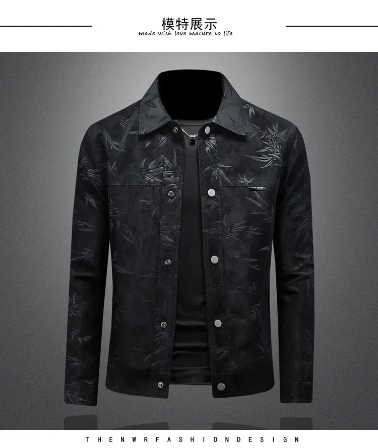 Luxury Flocking Bomber Jacket Mens 2025 Autumn Business Vintage Casual Slim Jacket Lapel Single Breasted Jacquard Coats Jacket exovai.com