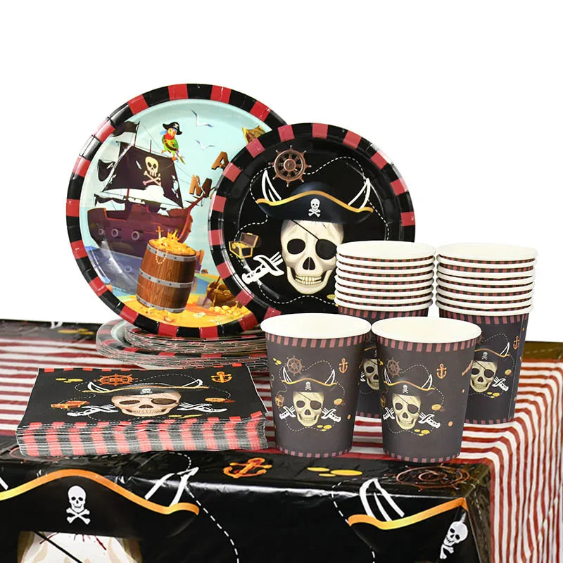 Pirate Theme Party Disposable Tableware Paper Plates Cups Napkins Kids Boy Birthday Party Decorations Halloween Supplies exovai.com
