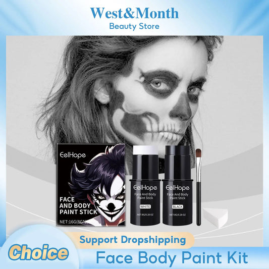 Black White Face Body Paint Kit Cover Foundation Clown Colorful Long Lasting Waterproof Halloween Festive Makeup Accessories Set exovai.com