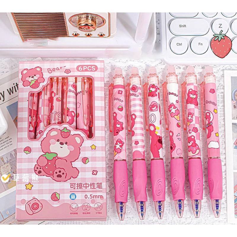 6pcs Kawaii Children Gel Pen Hello Kitty Cartoon Kuromi ST Erasable Black 0.5mm Press The Ballpoint Pen Learning Stationery Gift exovai.com