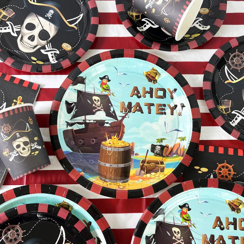 Pirate Theme Party Disposable Tableware Paper Plates Cups Napkins Kids Boy Birthday Party Decorations Halloween Supplies exovai.com