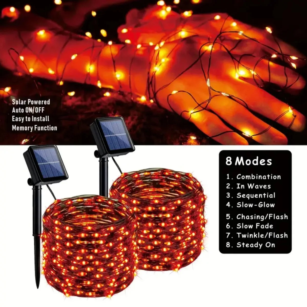 2 Pack 120LED Halloween Solar Powered Black Copper Wire Lamp Lights With 8 Lighting Modes Outdoor Waterproof Horror Atmosphere exovai.com