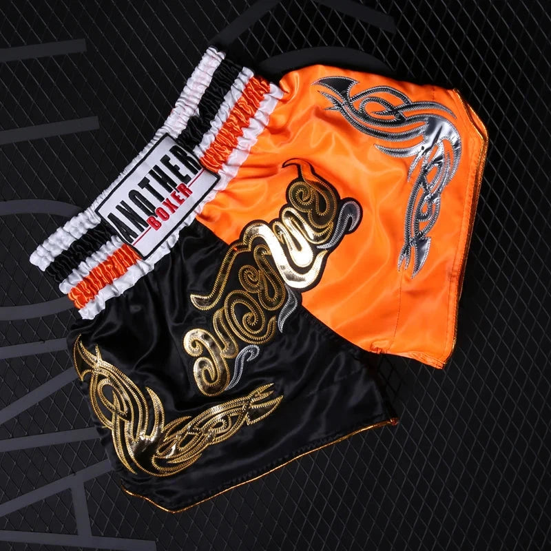 Muay Thai Pants Embroidery Boxing Shorts Women Men Satin Fight Kickboxing Training Trunks Kids Boy Girl Martial Arts MMA Clothes exovai.com