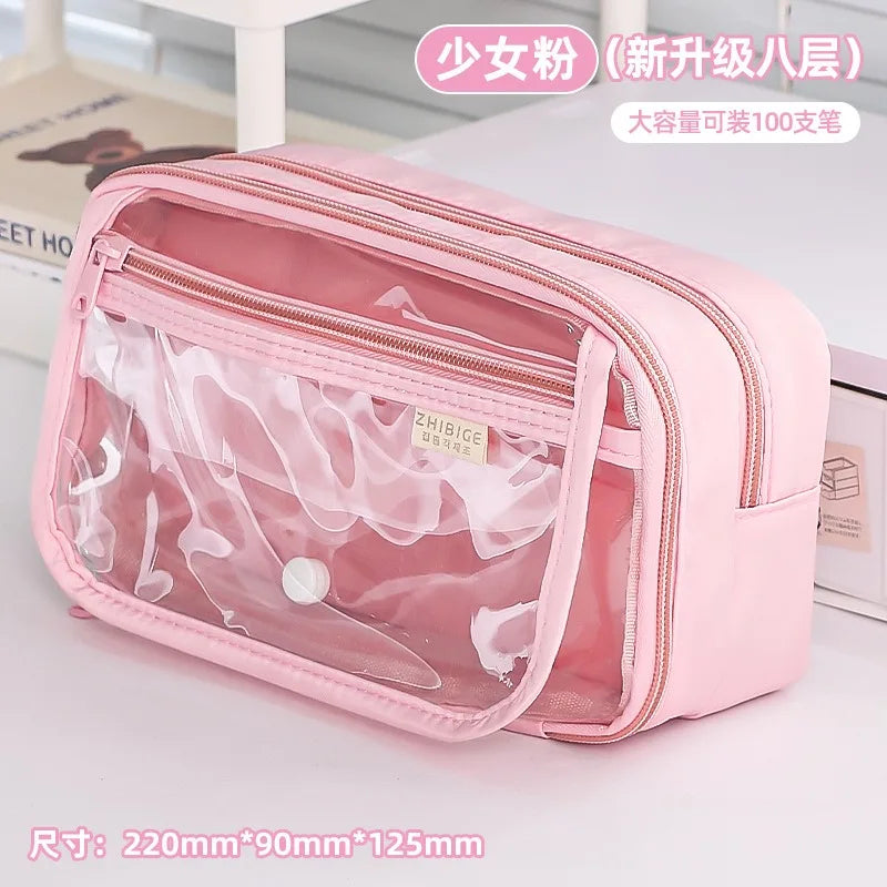 New Pencil Bag Kawaii Student Translucent Stationery Box DIY Large Capacity Stationery Storage Bag School Stationery Supplies exovai.com