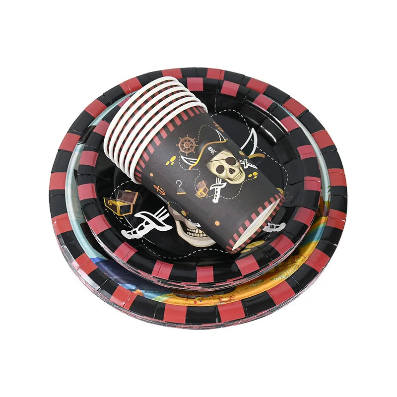 Pirate Theme Party Disposable Tableware Paper Plates Cups Napkins Kids Boy Birthday Party Decorations Halloween Supplies exovai.com