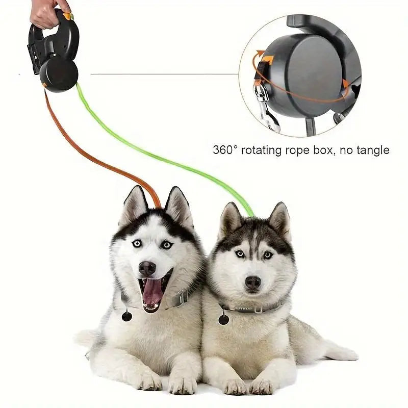 2 In1 Multi-functional LED Light Pet Leash Automatic Retractable 3M/5M Reflective 360 Swivel Dual Dog Leash with Bag Container exovai.com