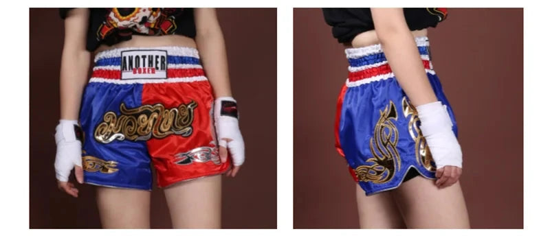 Muay Thai Pants Embroidery Boxing Shorts Women Men Satin Fight Kickboxing Training Trunks Kids Boy Girl Martial Arts MMA Clothes exovai.com