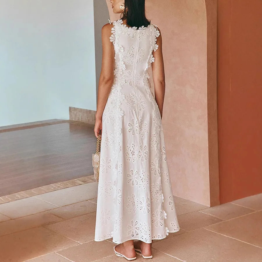 2025 Summer New Fashion Lace Embroidery Women Strap Resort Slimming Long Dress Simple Solid Color Female Banquet Dresses exovai.com