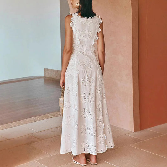 2025 Summer New Fashion Lace Embroidery Women Strap Resort Slimming Long Dress Simple Solid Color Female Banquet Dresses exovai.com