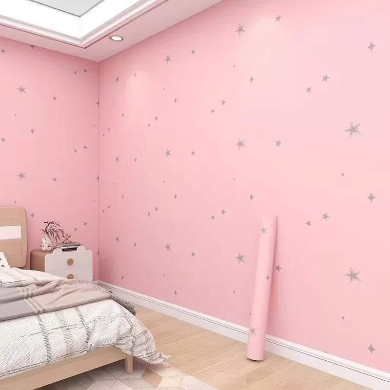 1 PCS Pink Girl's Room Self-adhesive Wallpaper Princess Room Bedroom Star Pattern Background Wall PVC Sticker Wallpaper exovai.com