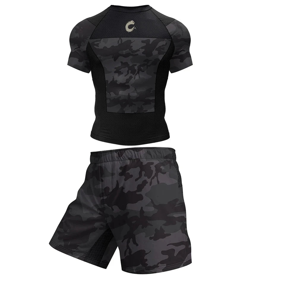 Black No Gi BJJ Jiu Jitsu T-shirt +MMA Shorts Sets Boxing Rashguard for Men Jiu Jitsu Compression Workout Wear Sport Jerseys exovai.com