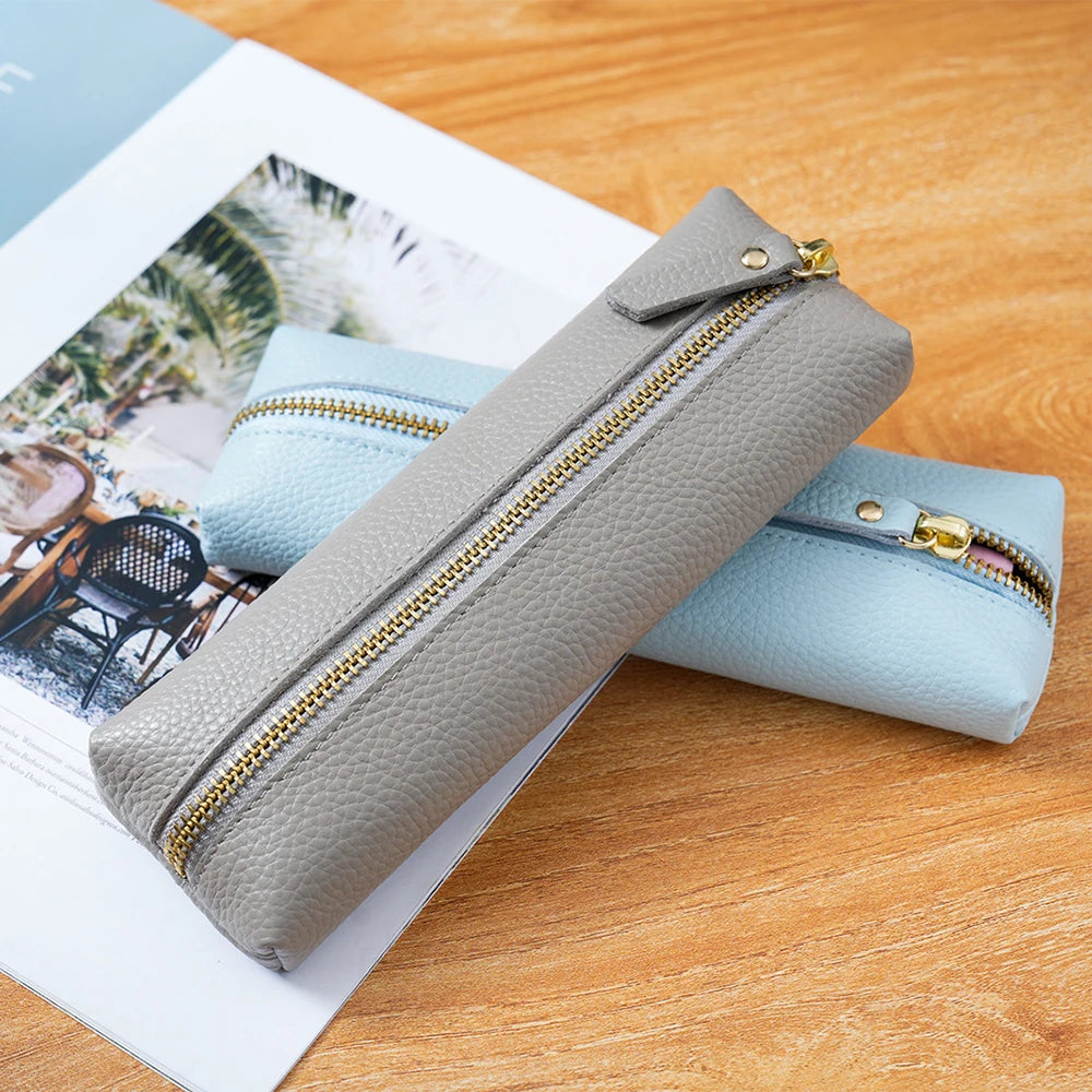 Custom Name Cow Leather Pencil Case Luxury Zipper Business Office Storage Bag Student Pen Bag Personalized Cosmetic Bags Gift exovai.com