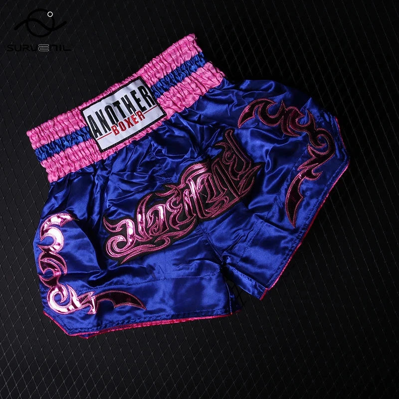 Muay Thai Pants Embroidery Boxing Shorts Women Men Satin Fight Kickboxing Training Trunks Kids Boy Girl Martial Arts MMA Clothes exovai.com