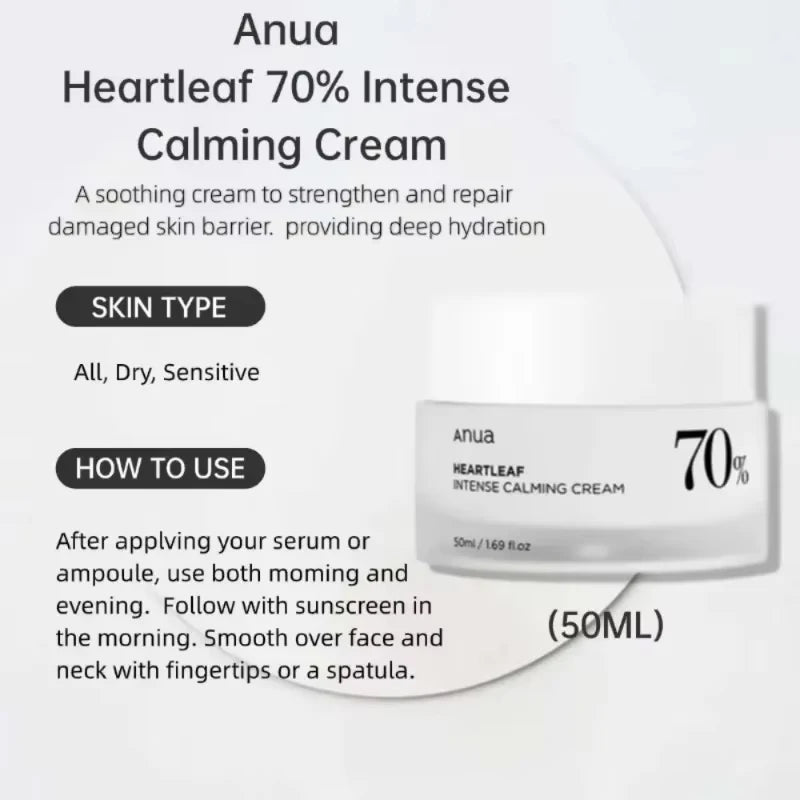 ANUA Heartleaf 70 Intense Calming Cream with Ceramide Whitening Cream Moisturizing Facial Cream 50ml Korean Skin care Product exovai.com