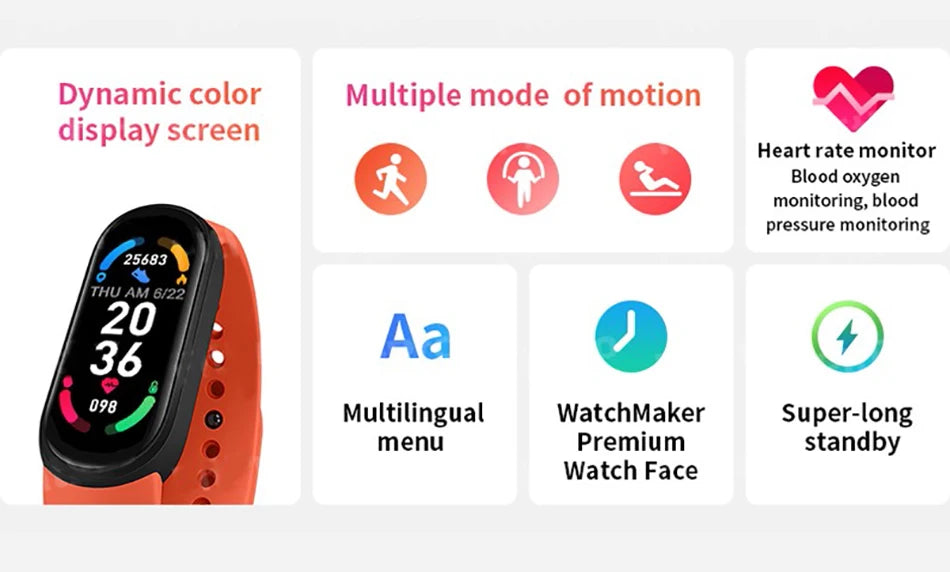 M6 Smart Watch Men Women Fitness Smart Bracelet Sports Band Heart Rate Blood Pressure Monitor Waterproof Multi-function Watches exovai.com