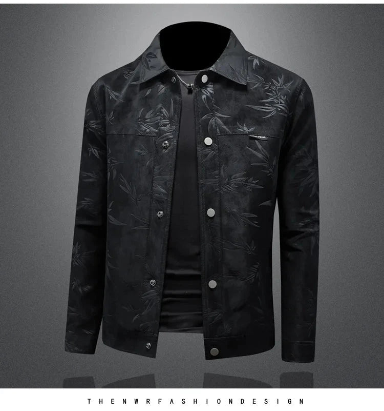 Luxury Flocking Bomber Jacket Mens 2025 Autumn Business Vintage Casual Slim Jacket Lapel Single Breasted Jacquard Coats Jacket exovai.com