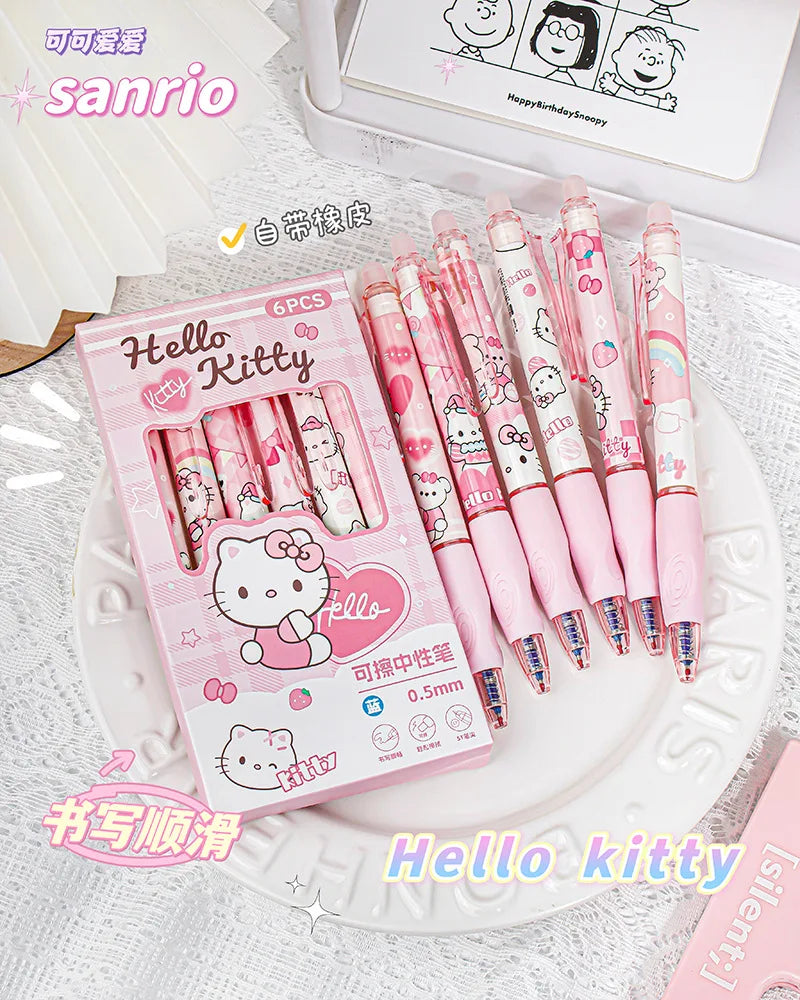 6pcs Kawaii Children Gel Pen Hello Kitty Cartoon Kuromi ST Erasable Black 0.5mm Press The Ballpoint Pen Learning Stationery Gift exovai.com