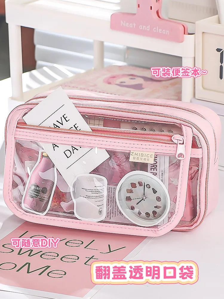 New Pencil Bag Kawaii Student Translucent Stationery Box DIY Large Capacity Stationery Storage Bag School Stationery Supplies exovai.com