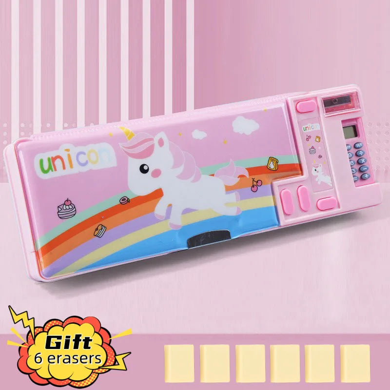 Cartoon Calculator Multifunctional Pencil Case Elementary Students Large Capacity Stationery Box Double-layer Double Opening exovai.com