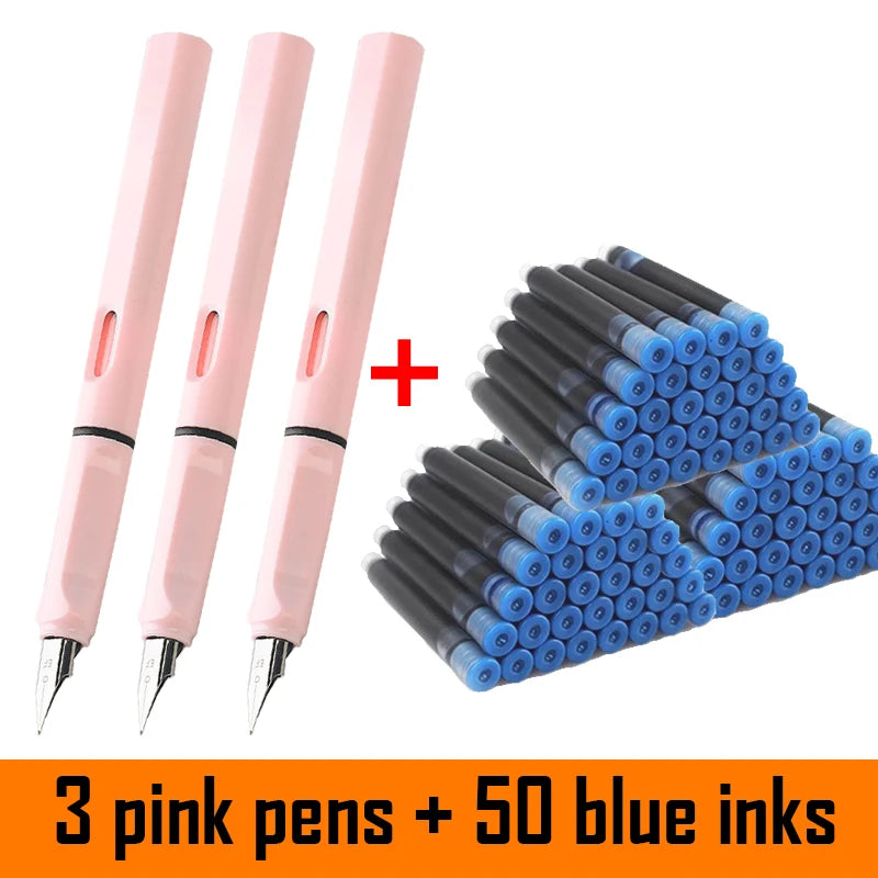 53Pcs Fountain Pen Set School Student Pens Replacable Ink Set Black/Blue/Red ink 0.38 mm Office Writing Supplies Stationery exovai.com