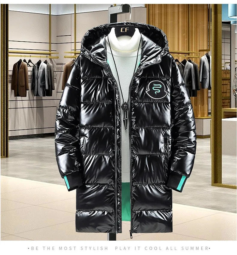 Winter 2024 Warm Light Long Parkas Waterproof Jacket Men Large Size Thicken Smooth Shiny Hooded Cotton-padded Coats Men exovai.com