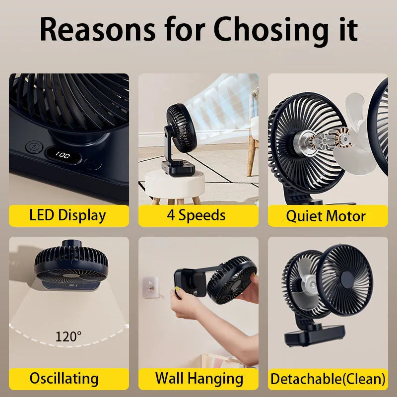 Portable Table Fan Type-c Rechargeable 4 Speeds Desk USB Cooling Fan Wireless Oscillating Wall Hanging Fan 90° Degrees Adjust exovai.com