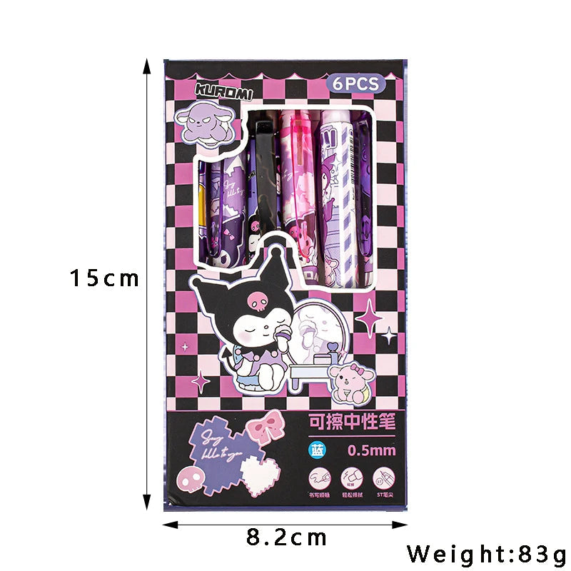 6pcs Kawaii Children Gel Pen Hello Kitty Cartoon Kuromi ST Erasable Black 0.5mm Press The Ballpoint Pen Learning Stationery Gift exovai.com