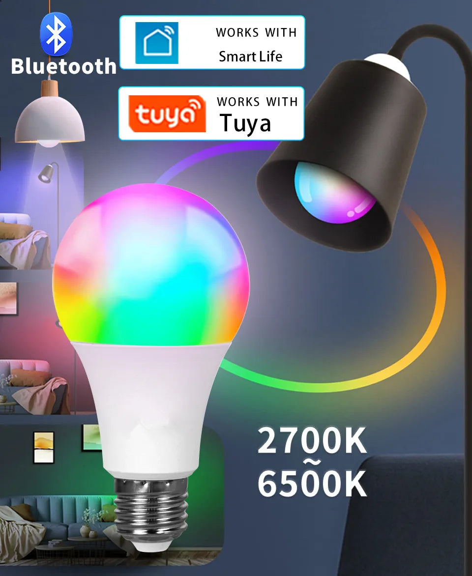 Tuya Smart LED Bulb E27 APP Control Dimmable Light Bluetooth RGB Lamp 220V Bedroom Decoration Party Lighting Smart Life exovai.com