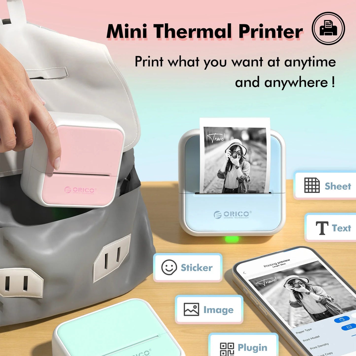 Orico Mini Thermal Printer – Portable Ink-Free DIY Photo & Document Printer exovai.com