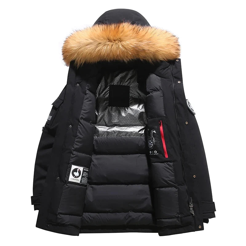 Black Down Jacket 2024 Winter Lined White Duck Down Hooded Fur Collar Jacket Casual Fashion Thick Warm Embroidered Design Parka exovai.com
