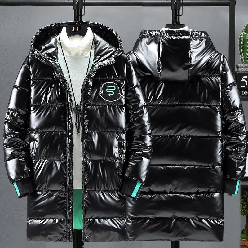 Winter 2024 Warm Light Long Parkas Waterproof Jacket Men Large Size Thicken Smooth Shiny Hooded Cotton-padded Coats Men exovai.com