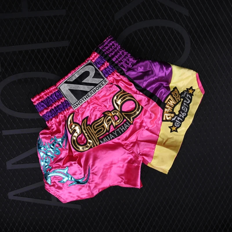 Muay Thai Pants Embroidery Boxing Shorts Women Men Satin Fight Kickboxing Training Trunks Kids Boy Girl Martial Arts MMA Clothes exovai.com