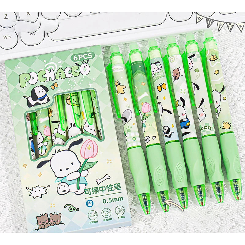 6pcs Kawaii Children Gel Pen Hello Kitty Cartoon Kuromi ST Erasable Black 0.5mm Press The Ballpoint Pen Learning Stationery Gift exovai.com