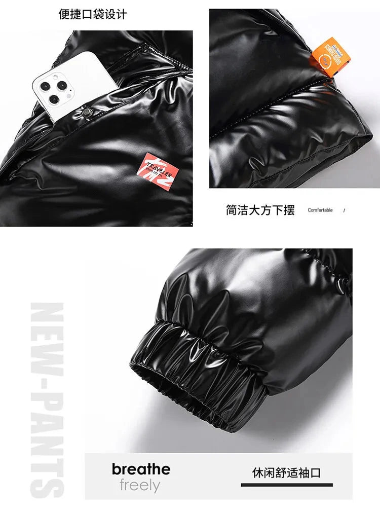 Men Parkas Thicken Warm Coat Men's Solid Color Parkas Coat Men's Fashion New Streetwear Winter Jacket Mens Glossy Black Jackets exovai.com