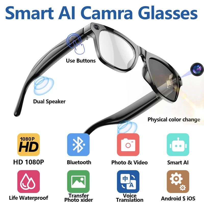 4K AI Smart Photochromic Glasses Multifunction Camera Bluetooth Call Voice Assistant Music Player Translate Glasses For Xiaomi exovai.com