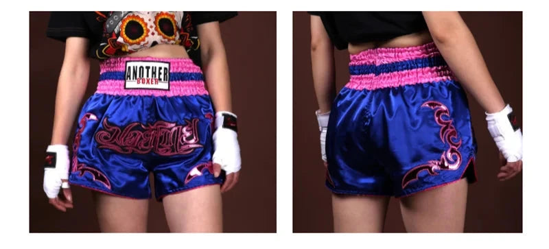 Muay Thai Pants Embroidery Boxing Shorts Women Men Satin Fight Kickboxing Training Trunks Kids Boy Girl Martial Arts MMA Clothes exovai.com