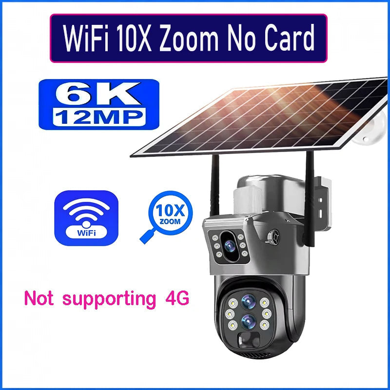 10X Optical Zoom 4G SIM Solar Camera 6K 12MP Three Lens WiFi Outdoor Surveillance Camera PIR Auto Tracking Solar Security CCTV exovai.com