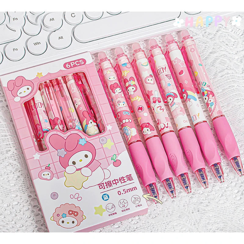 6pcs Kawaii Children Gel Pen Hello Kitty Cartoon Kuromi ST Erasable Black 0.5mm Press The Ballpoint Pen Learning Stationery Gift exovai.com