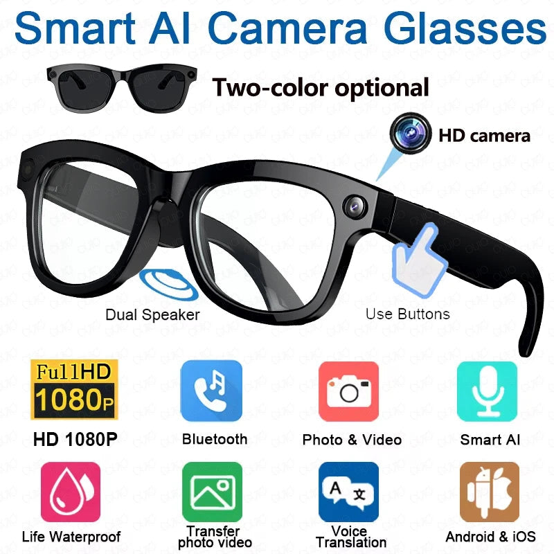 New Smart Glasses AI Voice Assistant Earphones Video/Audio Recording Translation Bluetooth Call Fashion Glasses For Women Men exovai.com