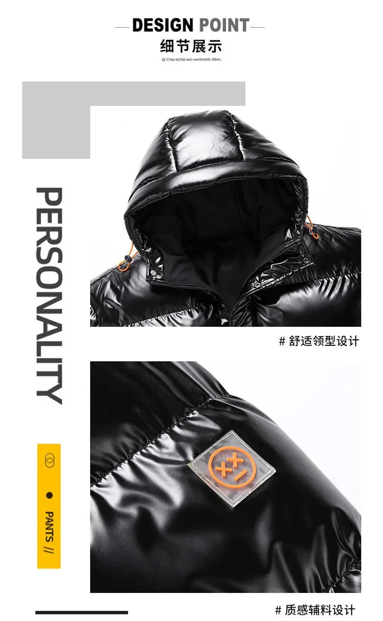 Men Parkas Thicken Warm Coat Men's Solid Color Parkas Coat Men's Fashion New Streetwear Winter Jacket Mens Glossy Black Jackets exovai.com