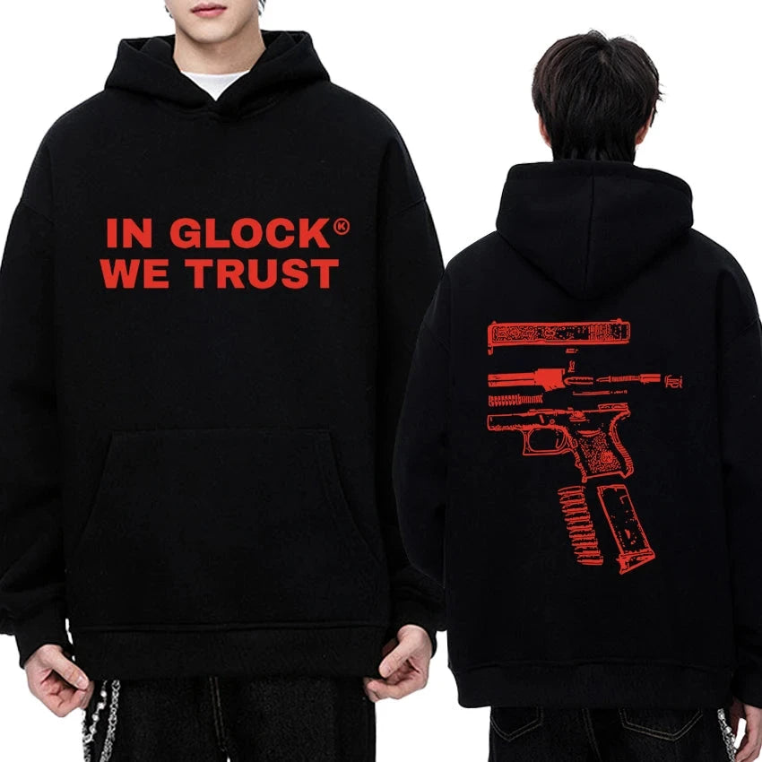 IN GLOCK WE TRUST Letter Double Sided Printed Hoodie Men Women Punk Style Vintage streetwear Unisex Fleece Long sleeve pullovers exovai.com