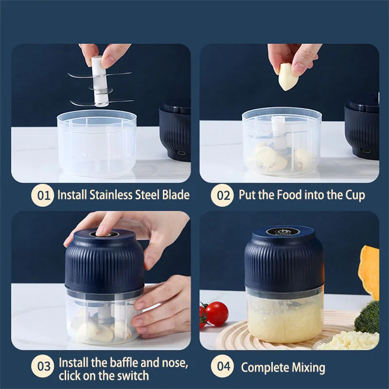 250ml Mini Wireless USB Rechargeable Electric Vegetable Chopper Garlic Crusher Food Chopper for Kitchen Gadgets for Garlic exovai.com