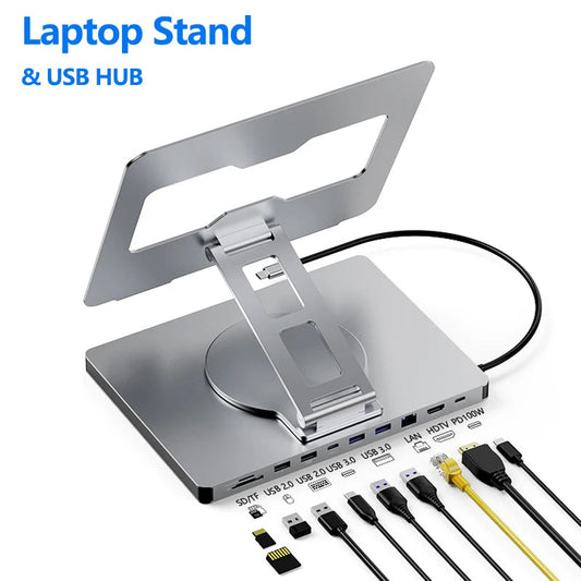 Laptop Stand for MacBook Pro Air Dell HP Surface 360° Rotatable Foldable with USB Hub Card Reader RJ45 Universal Bracket Holder exovai.com