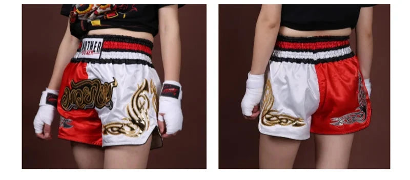 Muay Thai Pants Embroidery Boxing Shorts Women Men Satin Fight Kickboxing Training Trunks Kids Boy Girl Martial Arts MMA Clothes exovai.com